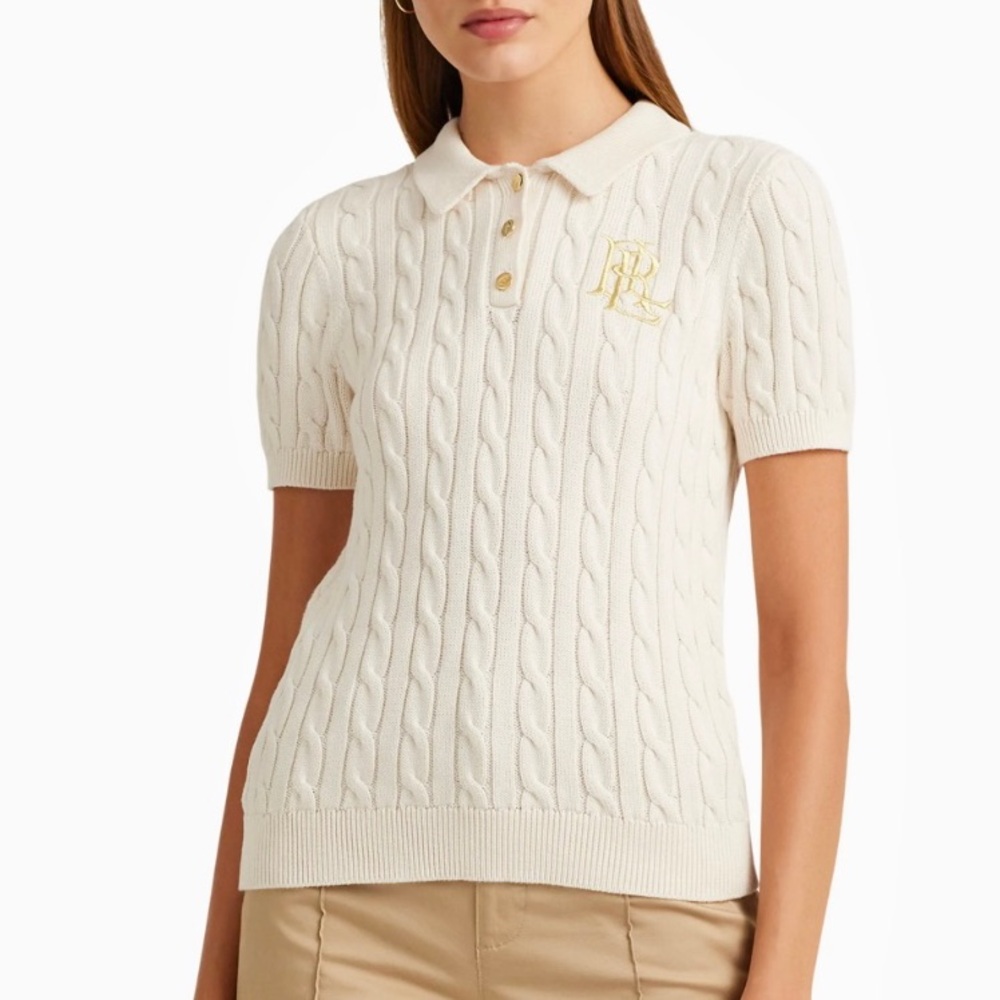 NEW Lauren Ralph Lauren Cream Cotton Cable Knit Polo Sweater Gold Logo NWOT LG